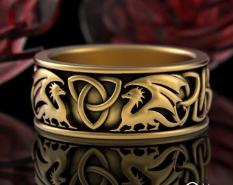 Mens Gold Dragon Wedding Band, 10K 14K 18K Grooms Celtic Dragon Ring, Gold Fantasy Viking Wedding Ring, Dragon Wings Welsh Ring, 3066