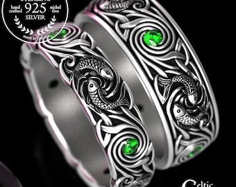 Sterling Matching Ocean Wedding Band Set, Silver Bride & Groom Koi Fish Rings, Silver His Hers Pisces Water Sign Rings, 2098 2103