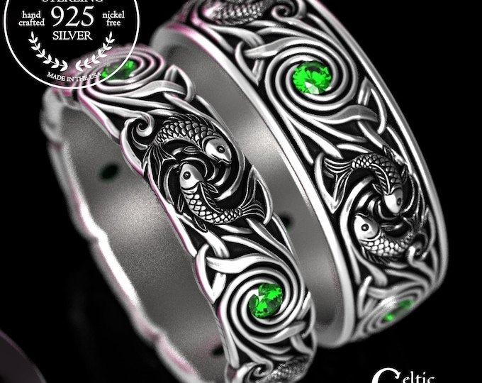 Featured listing image: Sterling Matching Ocean Wedding Band Set, Silver Bride & Groom Koi Fish Rings, Silver His Hers Pisces Water Sign Rings, 2098 2103