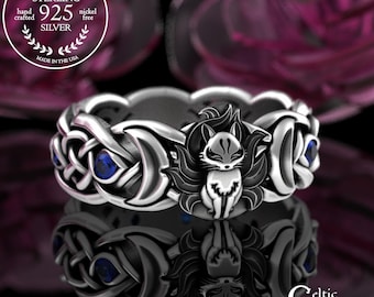 Sterling & Sapphire Mythic Fox Ring, Woman's Japanese Fox Wedding Ring, Silver 9 Tail Fox and Moons Band, Celestial Oriental Fox Ring, 3199