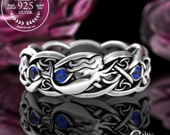 Sapphire Siren Ring, Sterling Celtic Mermaid Wedding Ring, Sapphire Irish Womans Ring, Scottish Mermaid Ring, Silver Ocean Wedding Band 3058