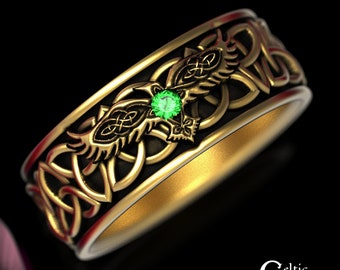 Mens Solid Gold Raven Trinity Wedding Ring, Celtic Raven Wedding Band, Gold Corvid Handfasting Ring, Irish White Gold Wedding Band, 1696
