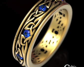 Sapphire & Gold Wedding Ring, Narrow Celtic Union Band, Platinum Sapphire Welsh Ring, Mens Gold Handfasting Band, Irish Wedding Ring, 1469