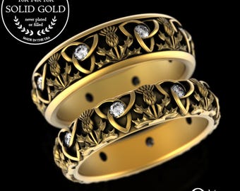 His Hers Gold Thistle Rings, Moissanite Scottish Wedding Ring Set, 10K 14K Gold Irish Knotwork Wedding Bands, Platinum Scotland, 4814 4813