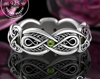 Sterling Silver & Peridot Trinity Band, Celtic Infinity Knotwork Wedding Ring, Elegant Irish Handfasting Gemstone Ring, Anniversary, 1411