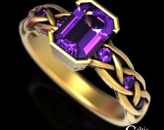 Amethyst Celtic Engagement Ring, 14K Gold Celtic Engagement Ring, Gold Amethyst Wedding Ring, Gold Celtic Emerald-Cut Solitaire Ring, 1849