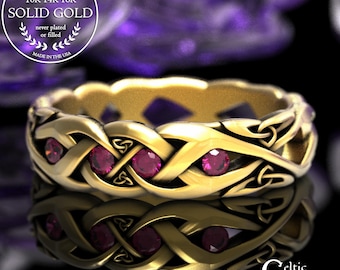 Woman's Gold & Ruby Irish Wedding Band, 14K White Gold Trinity Knot Ring, Platinum + Ruby Celtic Anniversary Ring, 2138