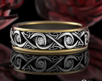 Celtic Knotwork 2-tone Sterling + Gold Ring, Silver 10K Groom Trinity Knot Wedding Ring, Welsh Man Ring, Bi-Metal Celtic Wedding Band, 4023