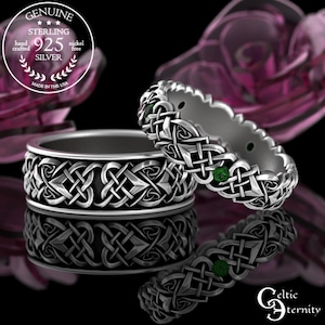 Sterling His & Hers Celtic Ring Set, Matching Celtic Heart Knot Emerald Rings, Silver Heart Wedding Rings, Emerald Wedding Bands, 4012 4014