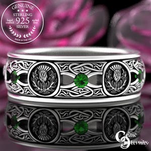 Emerald Thistle Wedding Ring, Sterling Thistle Wedding Band, Emerald Scottish Ring, Emerald Irish Wedding Ring, Celtic Thistle Ring, 4409