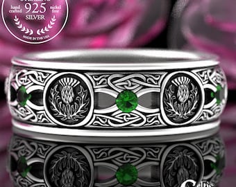 Emerald Thistle Wedding Ring, Sterling Thistle Wedding Band, Emerald Scottish Ring, Emerald Irish Wedding Ring, Celtic Thistle Ring, 4409