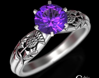 Amethyst Thistle Engagement Ring, Scottish Engagement Ring, Sterling Thistle Ring, Amethyst Solitaire Ring, Irish Thistle Engagement, 1894