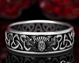 Sterling Silver Thistle Ring, Celtic Wedding Band, Thistle Wedding Ring, Silver Irish Wedding Ring, Sterling Trinity Knot Ring, 1492