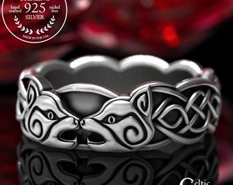 Sterling Irish Cats Ring, Cat Lover Wedding Band, Kitten Soulmates Ring, Crazy Cat Jewelry, Pussy Cat Ring, Silver Lynx Wedding Ring, 1387