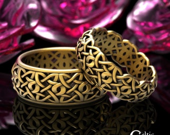 Gold Heart Knot Ring Set, White Gold Matching Heart Rings, Gold Matching Celtic Wedding Rings, His Hers Gold Knotwork Ring Set, 1834 1845