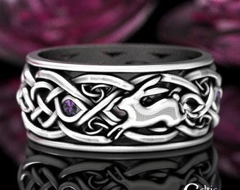 Alexandrite Rabbit Ring, Sterling Rabbit Ring, Silver Rabbit Wedding Ring, Mens Rabbit Ring, Mens Celtic Rabbit Ring, Mens Bunny Ring, 4681