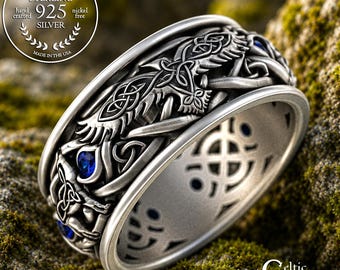 Sterling Raven Wolves Wedding Ring, Mens Wolf Wedding Ring, Sapphire Wolf Viking Ring, Viking Raven Ring, Norse Groom Wedding Ring, 4697