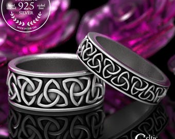 Celtic Trinity Wedding Ring Set, Trinity Knot Wedding Band Set, Celtic Wedding Rings in Sterling Silver, Matching His + Hers Rings 1181 1200