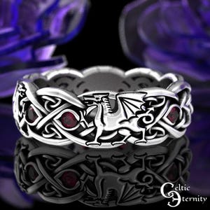 Sterling Silver Ruby Double Dragon Ring, Ruby Dragon Ring, Sterling Dragon Ring, Celtic Dragon Wedding Ring, Two Dragon Ring, 3016