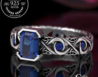 Sterling & Sapphire Irish Engagement Ring, Silver Bezel-Set Emerald-Cut Wedding Band, Infinity Band Celtic Bridal Jewelry, 4068