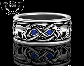 Sapphire Cat Wedding Ring, Mens Cat Wedding Band, Sterling Silver Celtic Cat Lover Ring, Scottish Knotwork Ring, Kitty Feline Ring, 3099