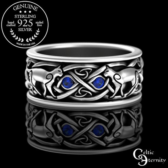 Sapphire Cat Wedding Ring, Mens Cat Wedding Band, Sterling Silver