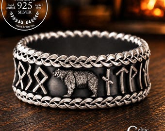Sterling Viking Bear Ring, Futhark Runes, Men's Viking Wedding Band, Berserker Warrior Jewelry, Groom's Nordic Tribal Totem Ring, 3295
