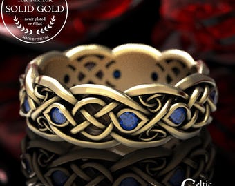 Infinity Wedding Band With Blue Sapphires, Gold Celtic Ring, Unique Wedding Ring, Celtic Wedding Band, 10K 14K 18K Gold or Platinum 1052