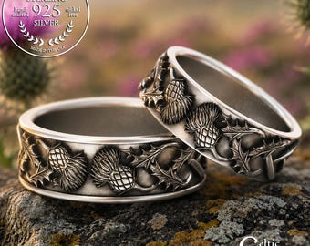 Bride & Groom Scottish Wedding Bands, Sterling Thistle Ring Set, Celtic Matching Thistle Jewelry, Silver Irish Anniversary Rings, 2126 2127