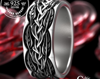 Sterling Groom's Twisted Vine Wedding Band, Men's Silver Botanical Braided Marriage Ring, 925 Woven Nature Pattern Jewelry for Man, 2055