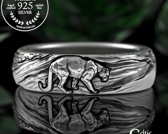 Sterling Mountain Lion Ring, Silver Cougar Jewelry, Sterling Puma Wedding Band, 925 Panther Ring, Big Cat Ring, Jaguar Spirit Animal, 3286