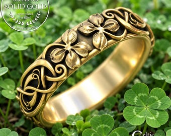 Gold/White Gold Lady Luck Wedding Band, 14K Scottish 4 Leaf Clover Anniversary Ring, 18K Celtic Shamrock Marriage, Woman Lucky Ring, 2063