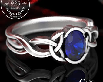 Oval Sapphire Ring, Irish Handfasting Ring, Gaelic Knot Ring, Celtic Trinity Knot Sapphire Ring, Sterling Sapphire Engagement Ring, 400