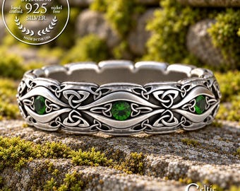Emerald Irish Knot Bridal Wedding Ring, Sterling Silver Celtic Triquetra Ring, Trinity Knotwork Design, 925 Womens Welsh Wedding Band, 3188
