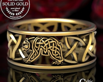 Bear Wedding Band, Celtic Bear Ring, Mens Wedding Band, Gold Bear Ring, Celtic Gold Mens Ring, Mans Bear Ring, Platinum Ring, 1126