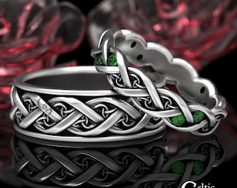 Emerald & Sterling Silver Modern Celtic Wedding Band Set, Matching Woven Pagan Handfasting Rings, Irish Infinity Braid Rings, 1418 + 1419