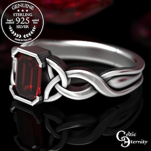 Ruby Celtic Silver Ring, Emerald Cut Engagement Ring, Sterling Silver Celtic Ring, Celtic Engagement Ring, Ruby Wedding Solitaire Ring, 401