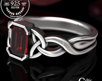 Ruby Celtic Silver Ring, Emerald Cut Engagement Ring, Sterling Silver Celtic Ring, Celtic Engagement Ring, Ruby Wedding Solitaire Ring, 401