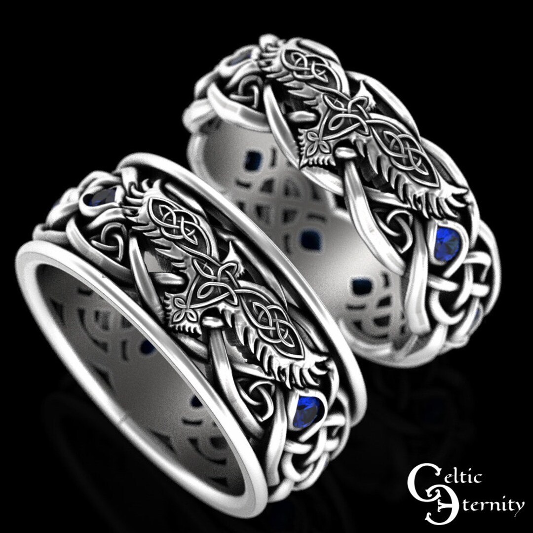 Matching Viking Wedding Rings, Sterling Raven Ring Set, Sapphire Raven