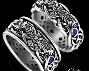 Matching Viking Wedding Rings, Sterling Raven Ring Set, Sapphire Raven Rings, Viking Wedding Bands, Celtic Raven Wedding Rings, 4728 4729