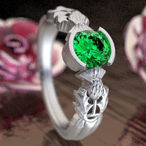 Thistle Engagement Ring, Sterling Silver & Emerald, Scottish Solitare, Floral Wedding, Handcrafted Rings, Alternative Engagement Ring 1774 image 6