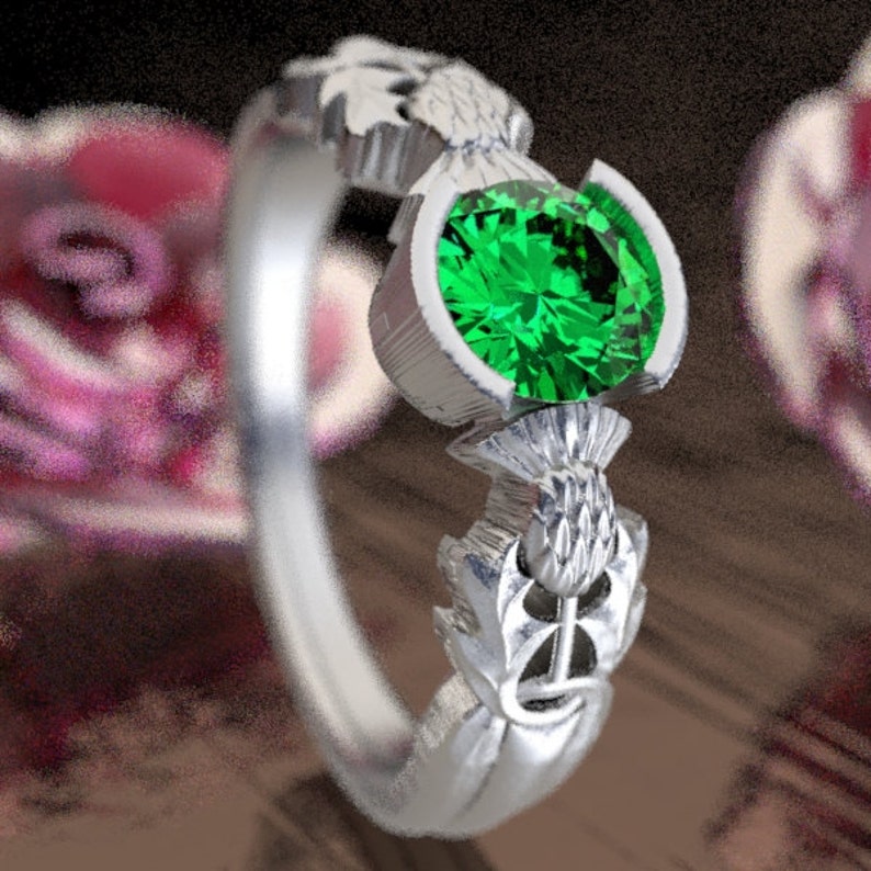 Thistle Engagement Ring, Sterling Silver & Emerald, Scottish Solitare, Floral Wedding, Handcrafted Rings, Alternative Engagement Ring 1774 image 6