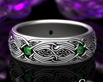 Mens Classic Irish Ring, Emerald Celtic Wedding Band, Woven Sterling Wedding Ring, Mens Celtic Infinity Ring, Emerald Wedding Band, 1817