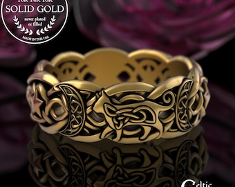 Gold Celtic Moons & Cat Ring, 14K Kitty Magic Ring, Divine Crescent Moon Wedding Band, Wiccan Cat Familiar, 10K Kitten Star Jewelry, 3258