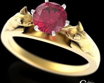 Platinum or Gold Fox Engagement Ring, Ruby Faoladh Proposal Ring, Kitsune Gemstone Solitaire Ring, Path Finder Sacred Union Ring, 1802