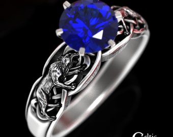 Sapphire Wolf Engagement Ring, Sterling Wolf Engagement Ring, Celtic Sapphire Solitaire Ring, Celtic Wolf Wedding Ring, Direwolf Ring, 1868