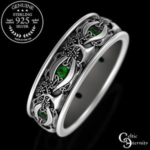 Emerald Mens Celtic Tree of Life Ring, Sterling Yggdrasil Ring, Silver Welsh Nature Wedding Band, Pagan Druid Groom Wedding Ring, 3192