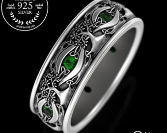 Emerald Mens Celtic Tree of Life Ring, Sterling Yggdrasil Ring, Silver Welsh Nature Wedding Band, Pagan Druid Groom Wedding Ring, 3192