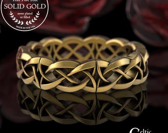 Women's Classic Gold Celtic Wedding Band, 10K Simple Irish Knot Ring, 14K Braided Bridal Ring, 18K White Gold Woven Scottish Band, 4019