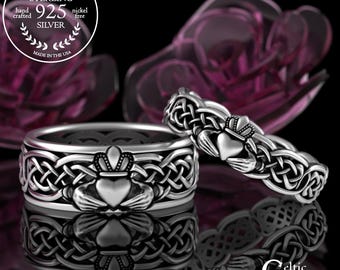 Matching Bride Groom Claddagh Wedding Ring Set in Sterling Silver, Scottish Wedding Classic Heart Crown Rings, Irish Knotwork Set, 3220 3224